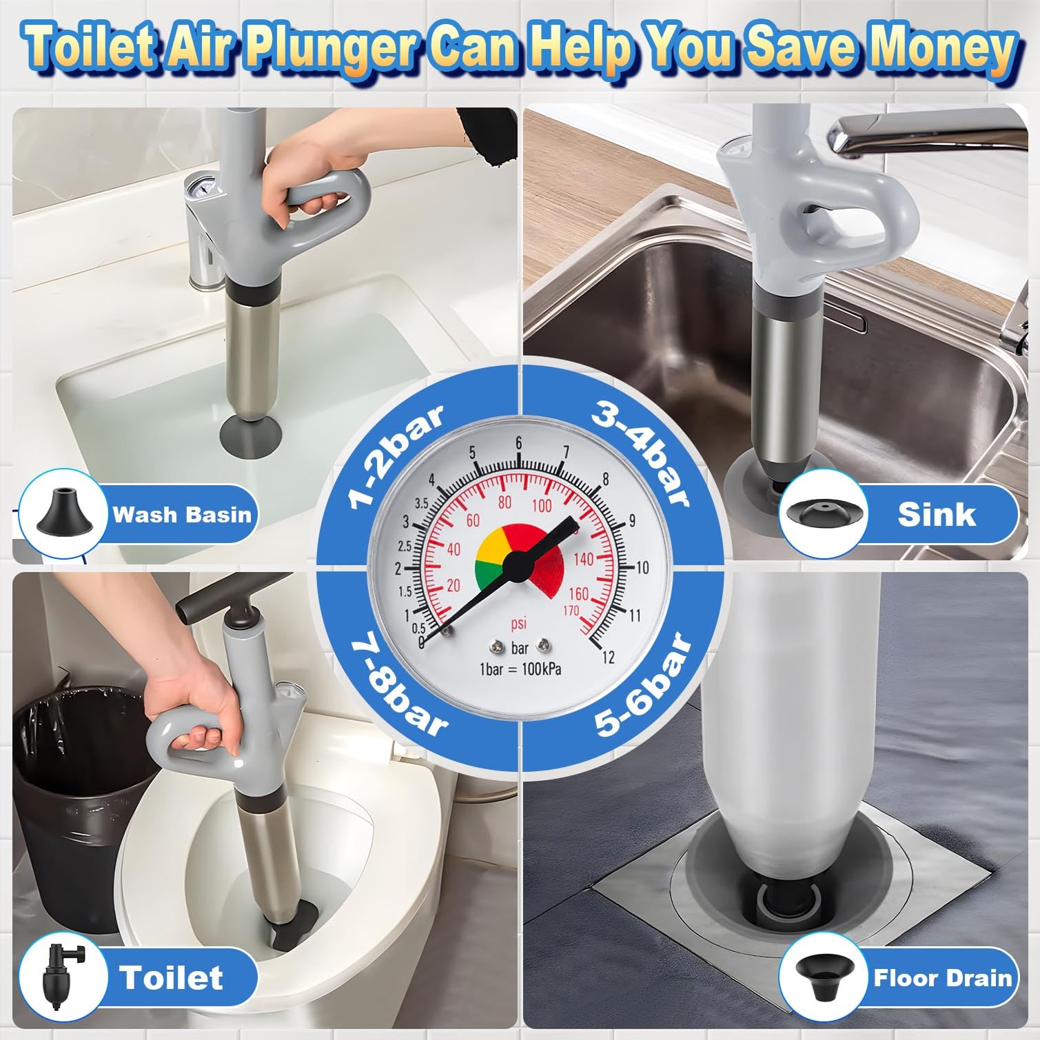 Mieaoll toilet plunger interchangeable heads adapt to toilets and drains