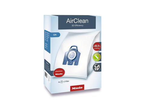 Miele AirClean GN bags in a 4-pack for reliable dust containment.