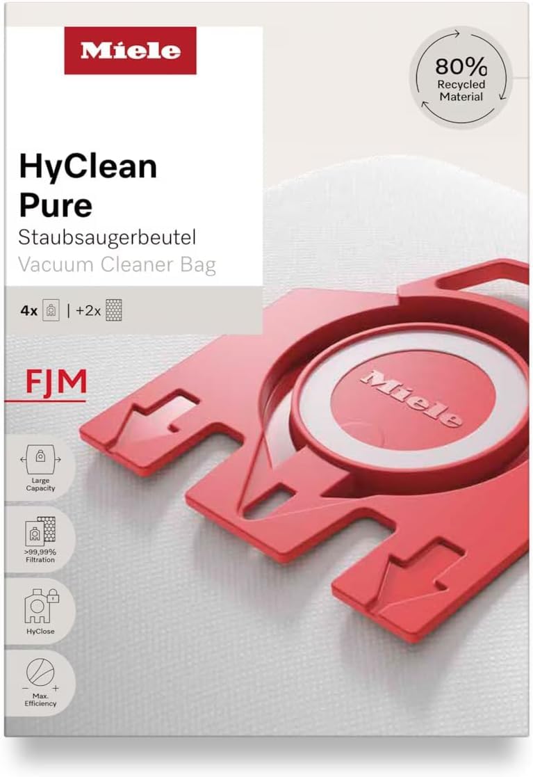 Miele FJM HyClean four-pack dust bags in box, ready for pet-friendly use.