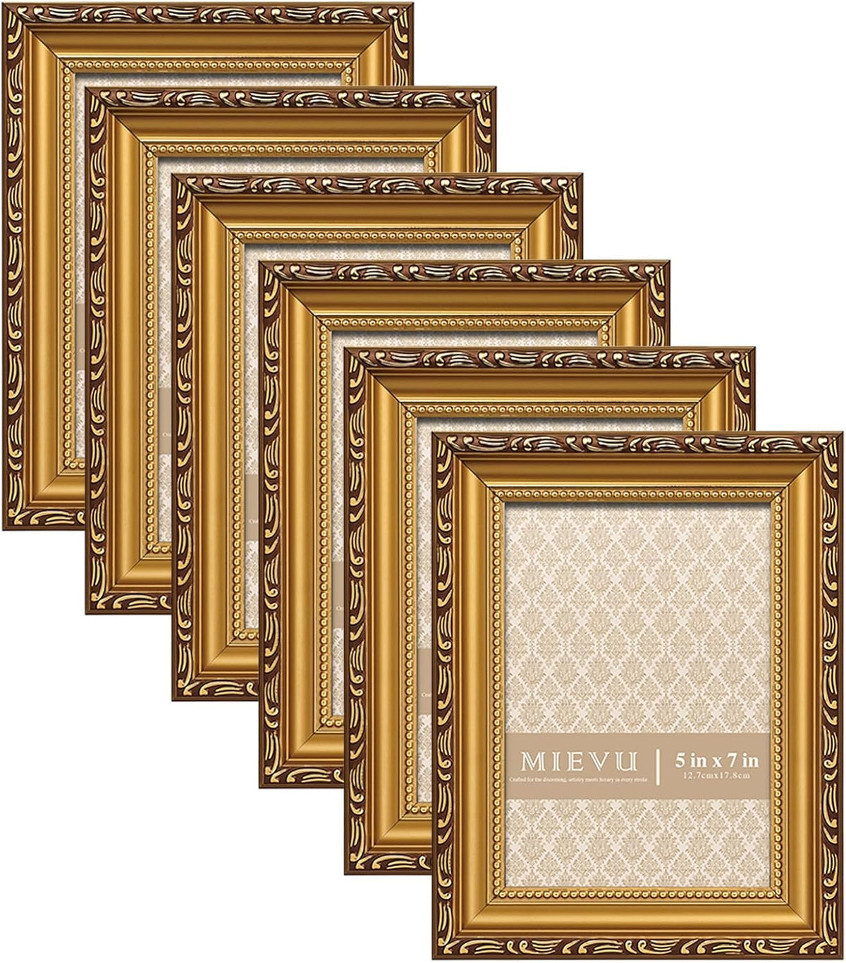 MIEVU 5x7 gold frame front view with ornate edge for wall display