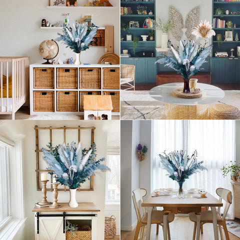 Mifgra blue dried flower arrangement styled for rustic wall decor