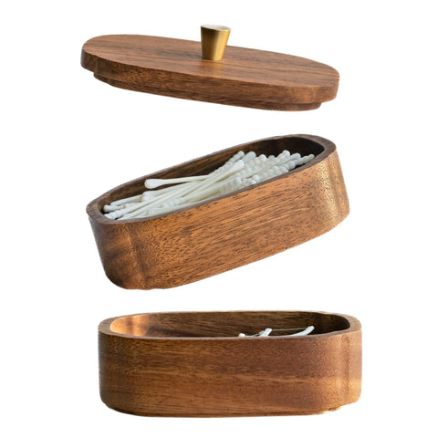 MIGAKU HOME Acacia qtip holder, top view for tidy bathroom essentials.