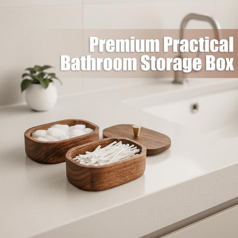 MIGAKU HOME Acacia wood cotton pads storage on vanity.