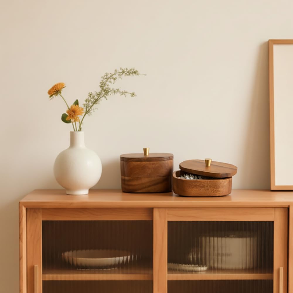 MIGAKU HOME Acacia wood hair-ties storage prevents counter clutter.