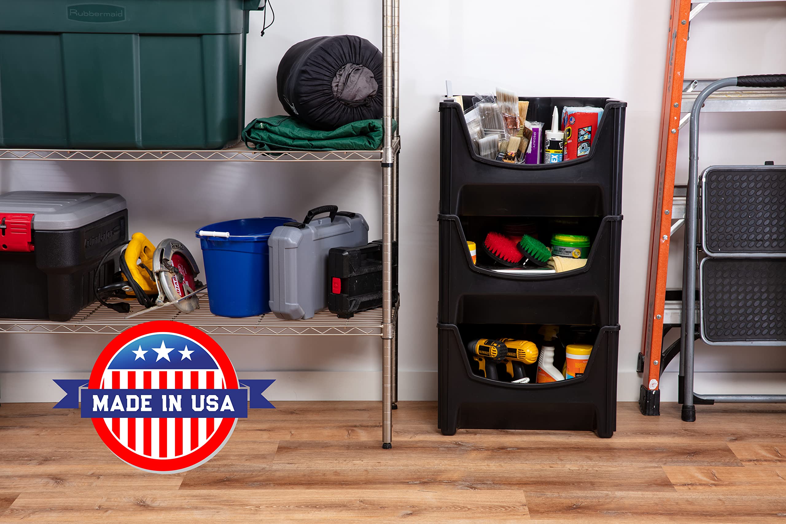 Mighty Tuff Jumbo Stack Bins in garage organizing tools and toys
