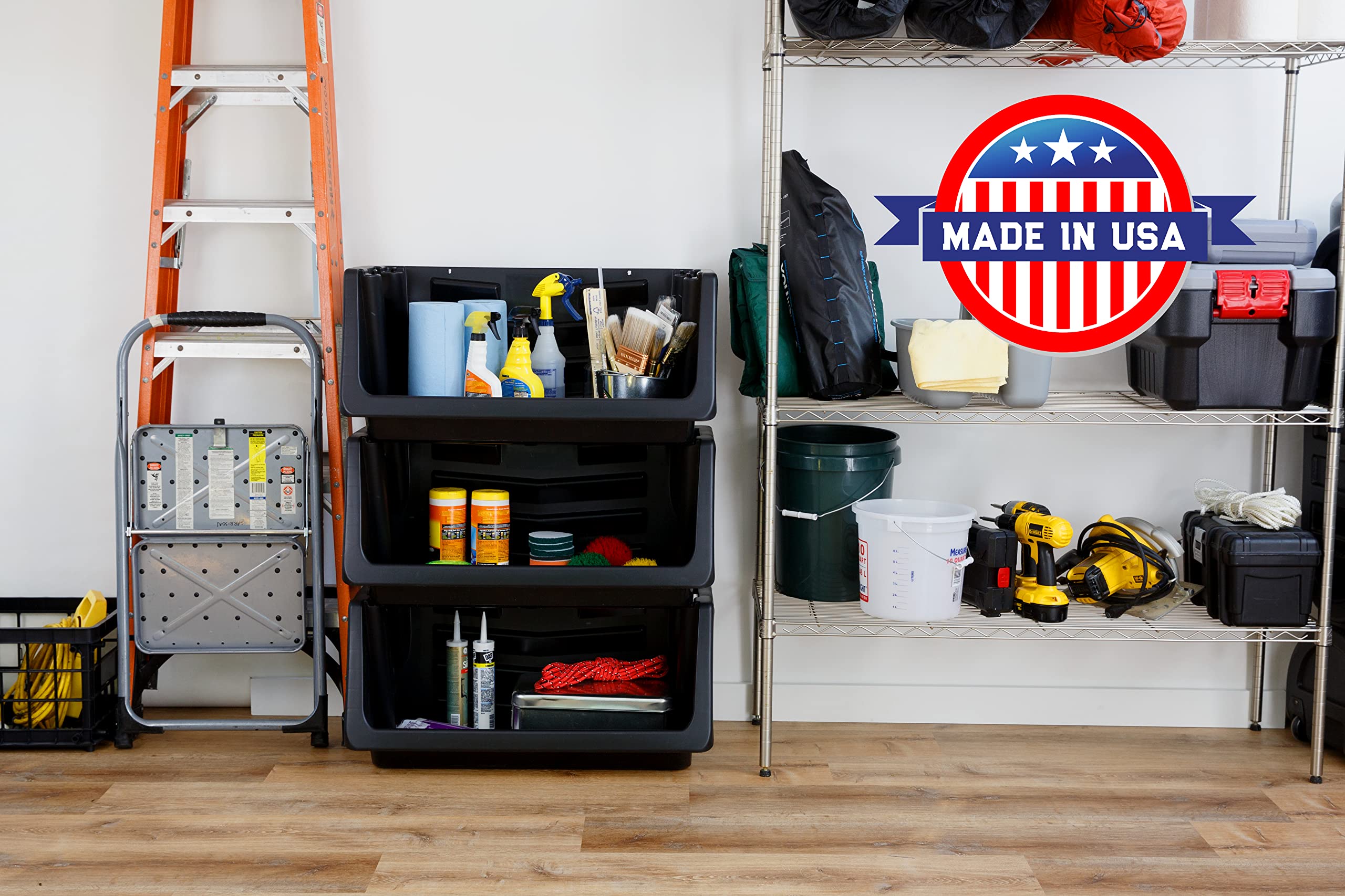 Mighty Tuff wall-mount-ready bin secured to a garage wall