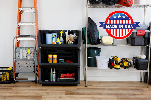 Mighty Tuff wall-mount-ready bin secured to a garage wall