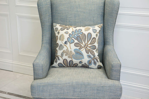 Mika Home invisible zipper pillow cover demonstrates easy insertion on blue-cream jacquard