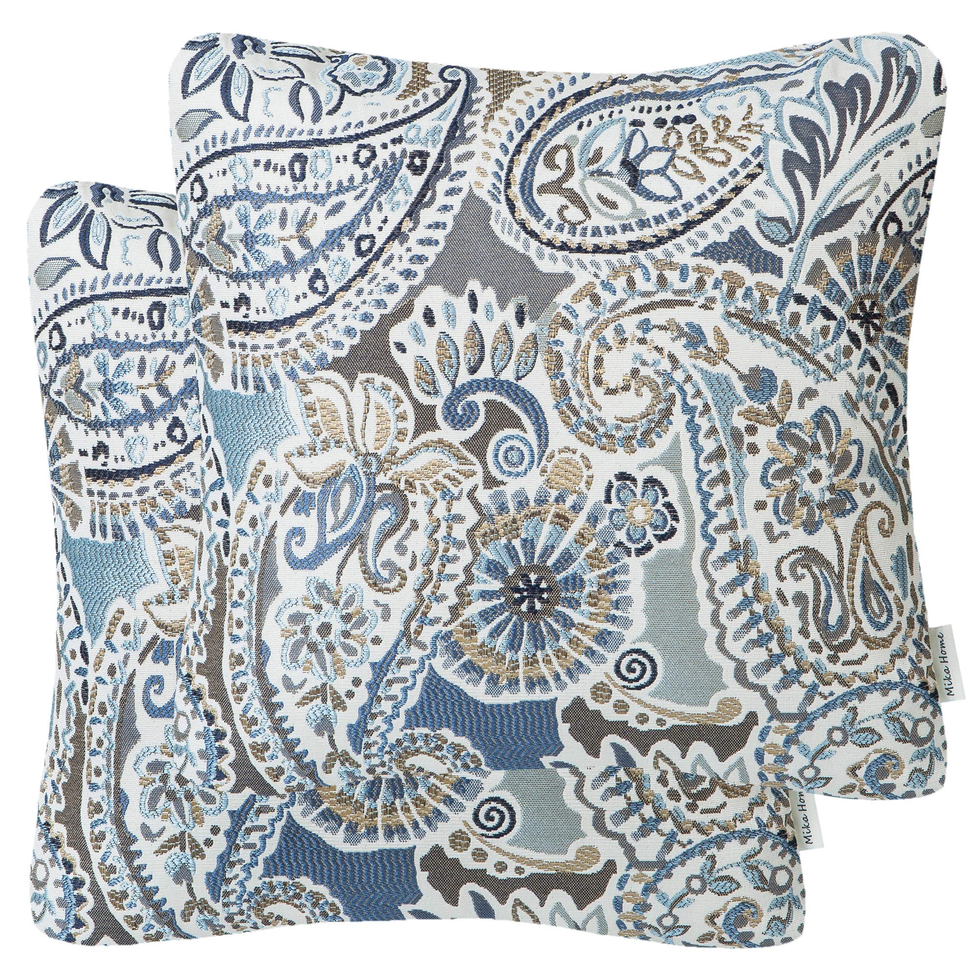 Mika Home paisley pattern pillow cover in blue, brown, and cream for a 18x18 accent