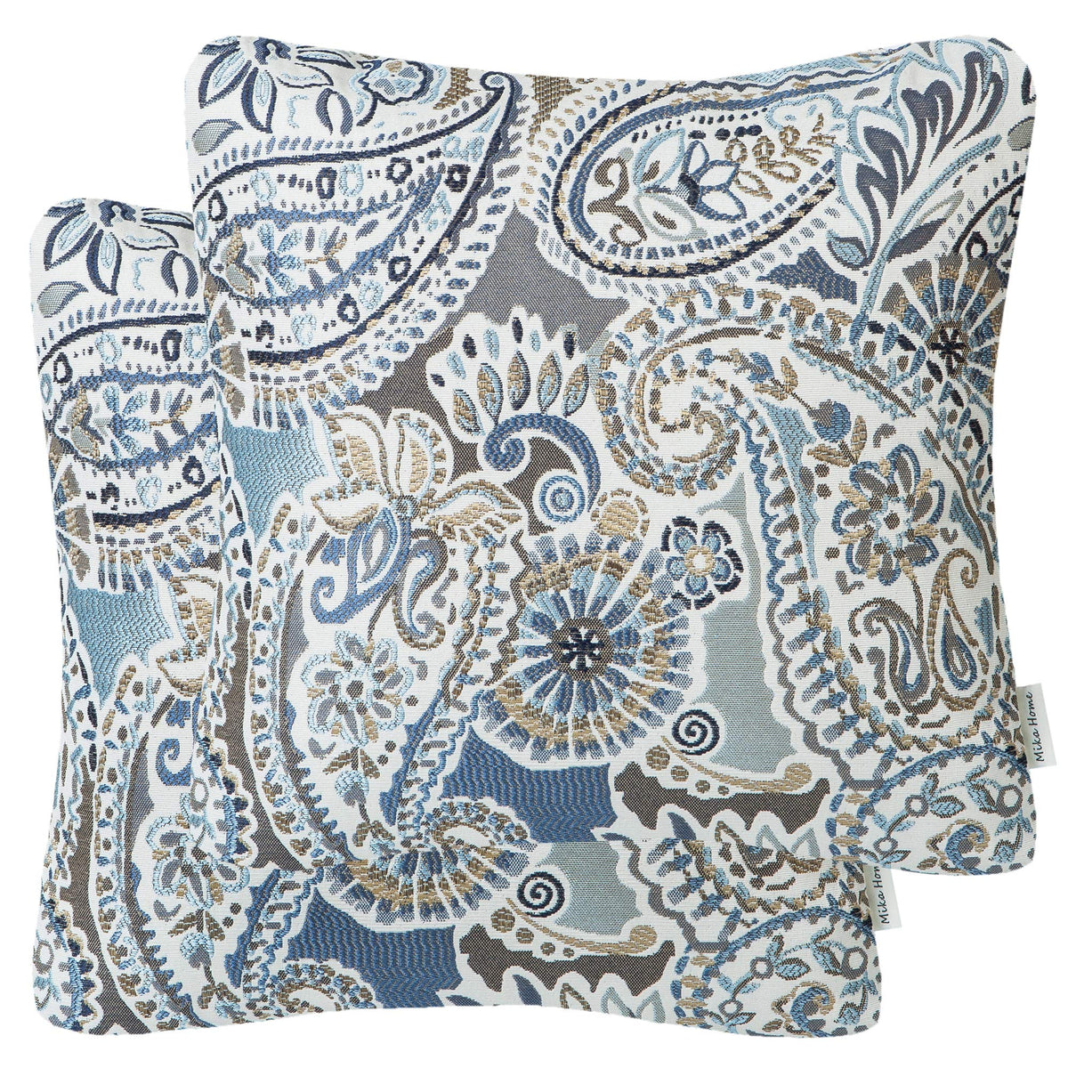Mika Home paisley pattern pillow cover in blue, brown, and cream for a 18x18 accent