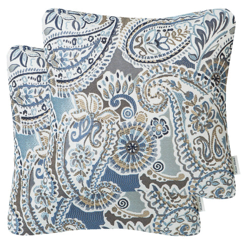 Mika Home paisley pattern pillow cover in blue, brown, and cream for a 18x18 accent