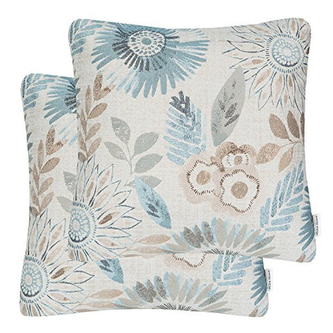 Mika Home sunflower pattern pillow cover in blue cream adds elegant texture to sofas
