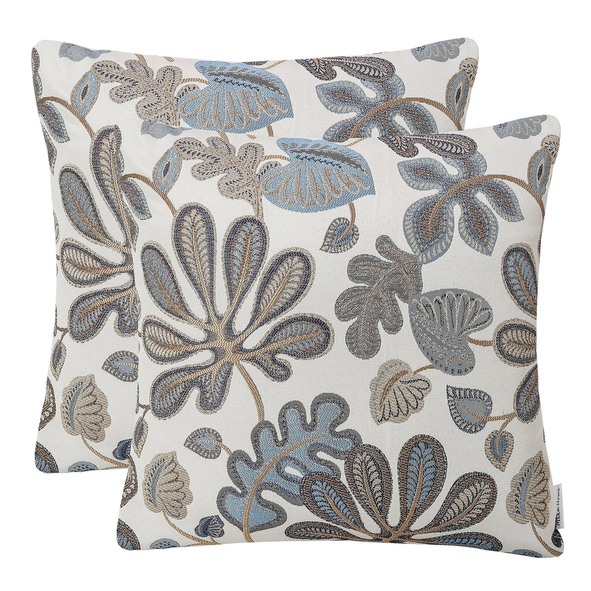 Mika Home tropical leaf jacquard pillow cover in blue cream enhances sofa styling