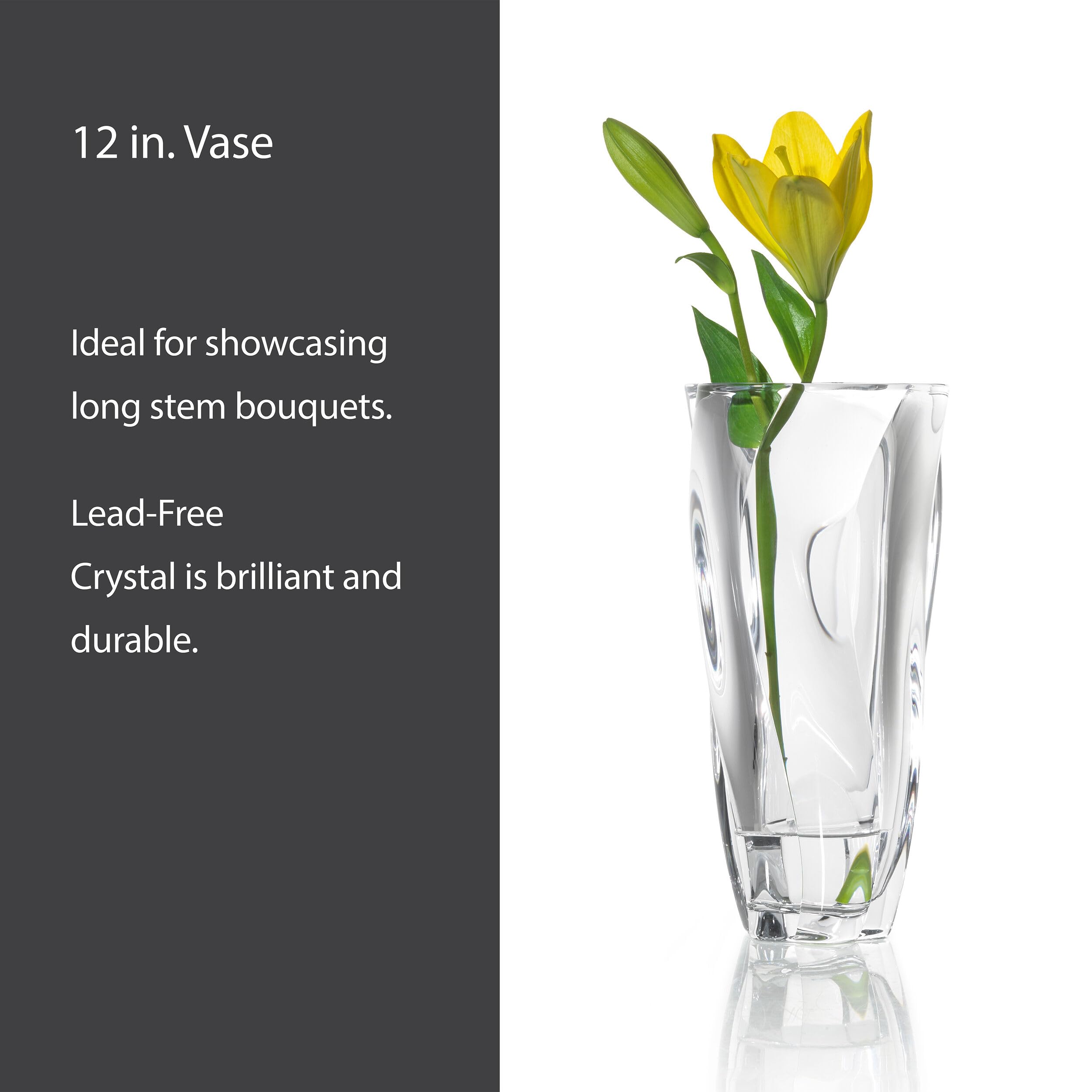 Mikasa Cassia crystal vase stands 12 inches tall for a bold centerpiece.