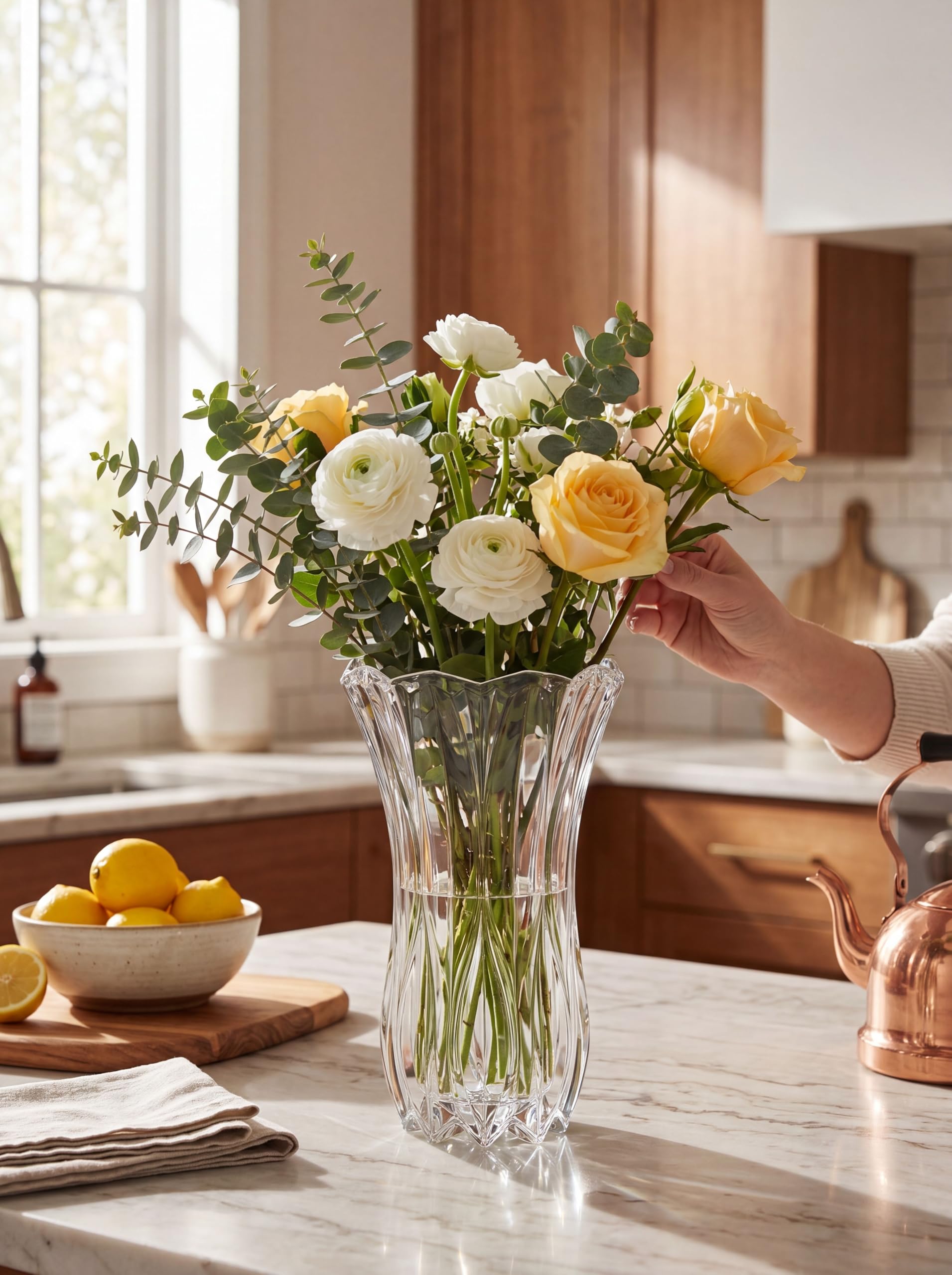 Mikasa Celebrations Blossom vase used as a dining centerpiece with a bright bouquet