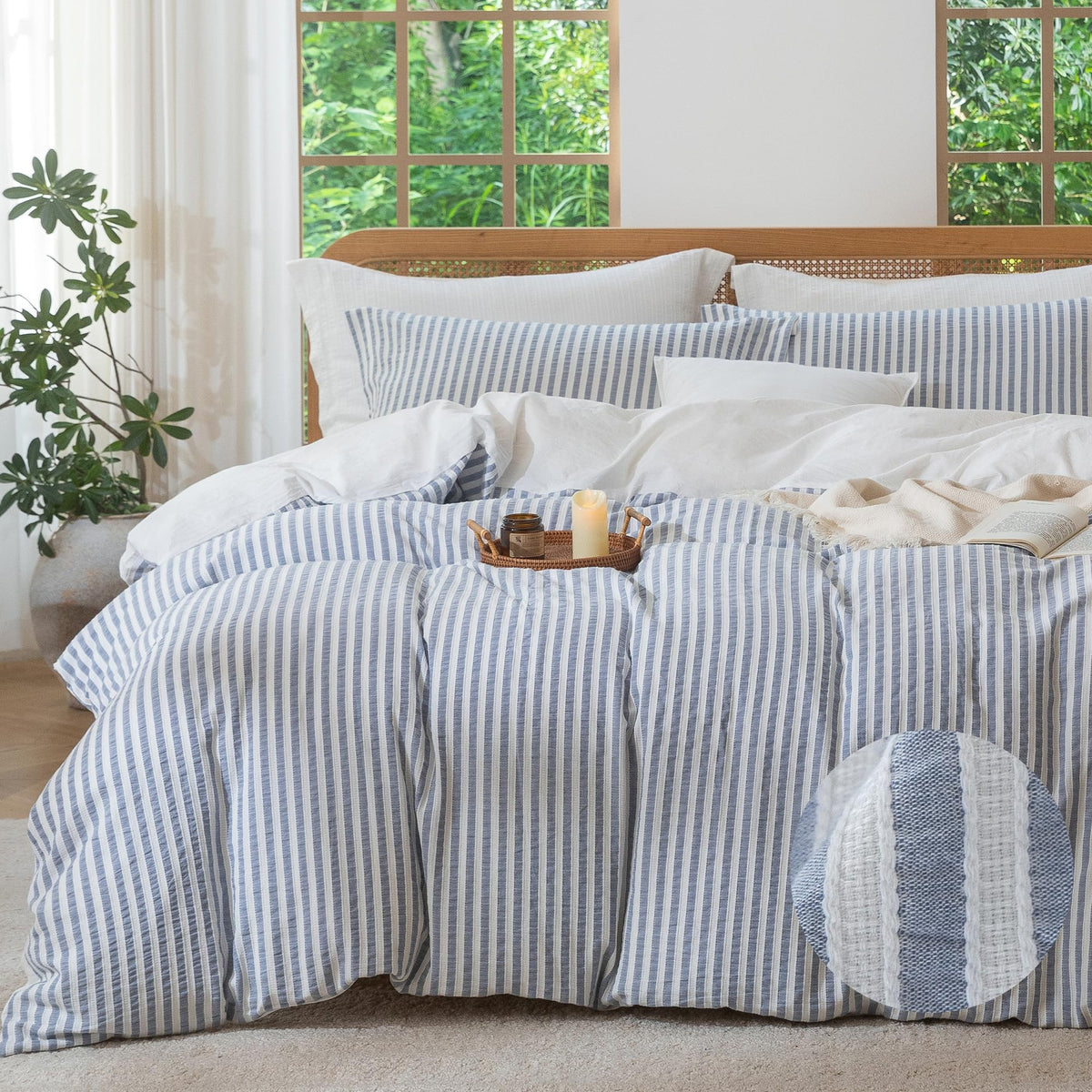 MILDLY blue striped duvet cover showcases jacquard texture for tactile luxury.