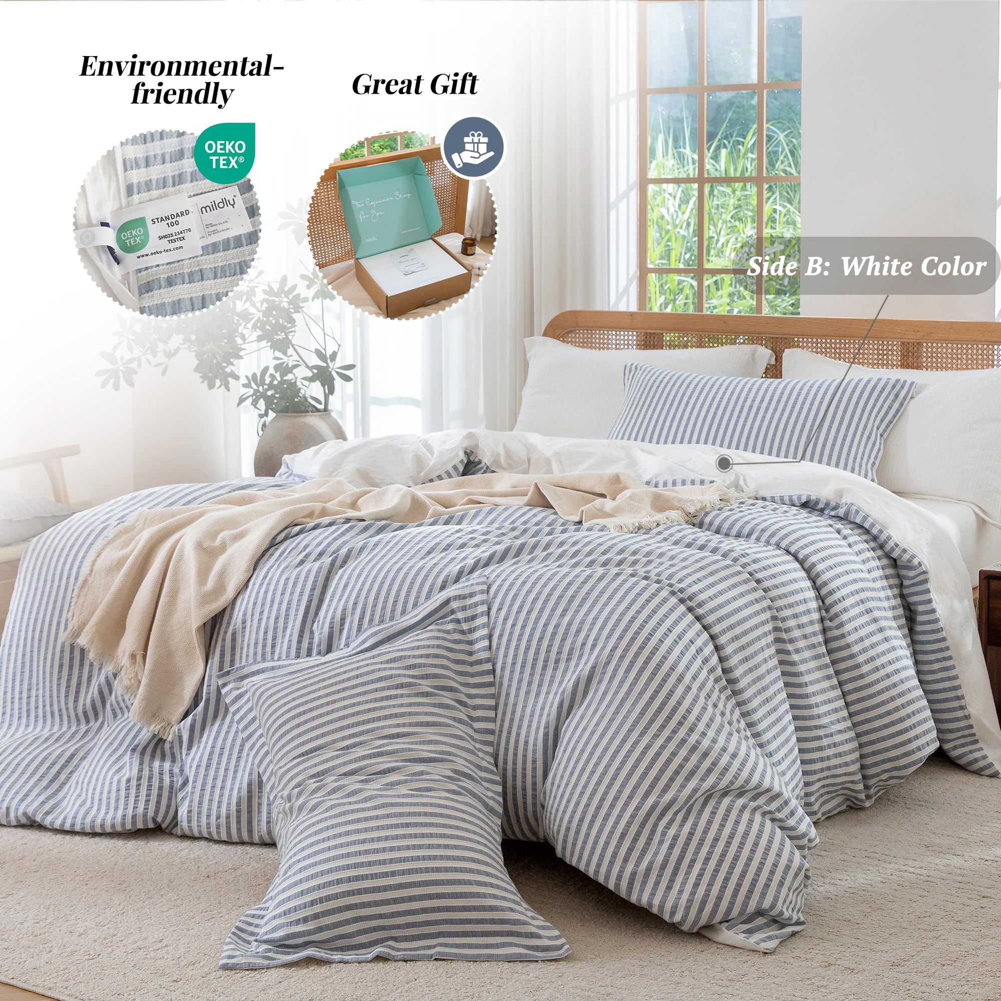MILDLY blue striped duvet cover with two pillowshams for coordinated comfort.