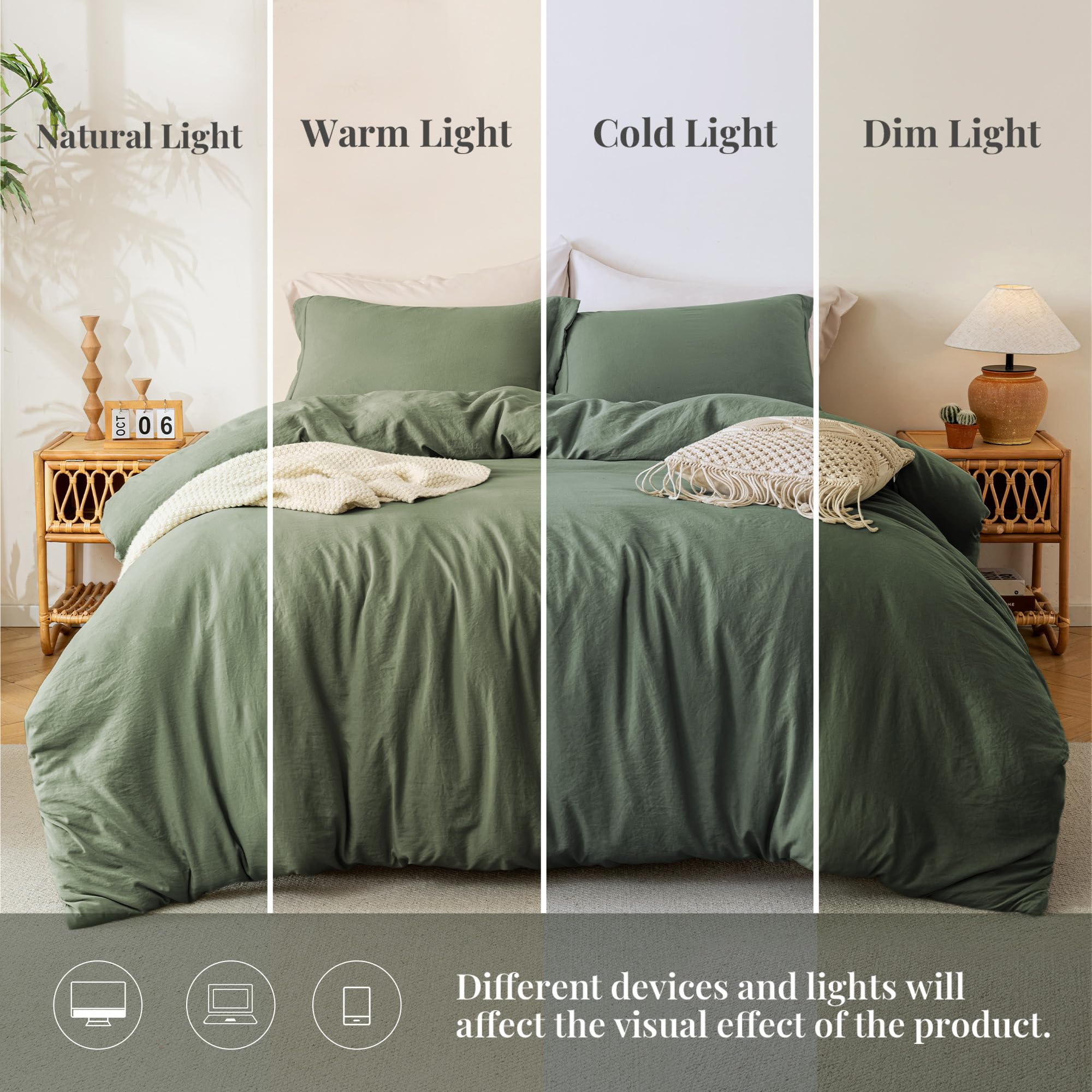 Corner ties securing the duvet insert in olive green with four corners