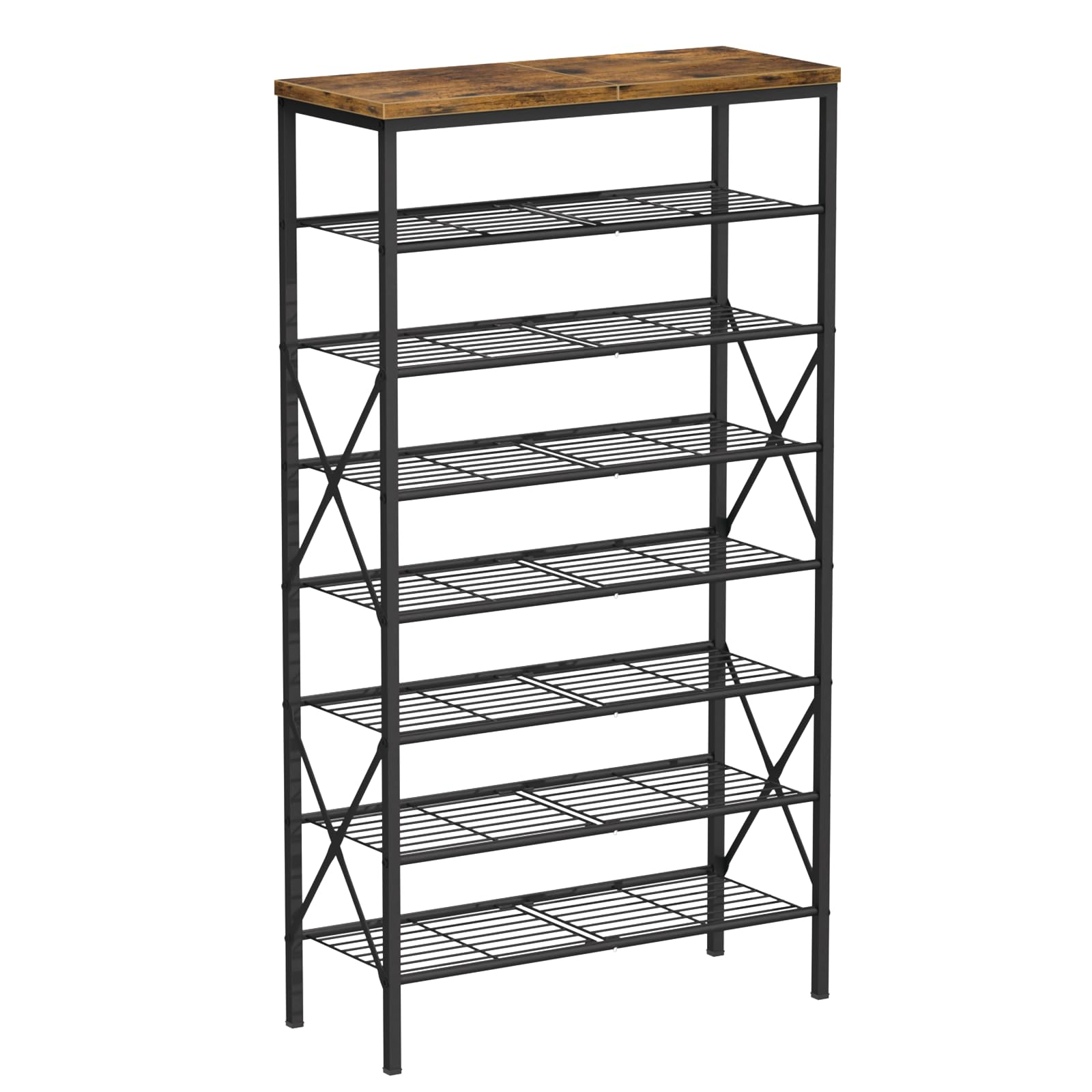 MILEFA 8-tier tall shoe rack front view showing spacious storage for 32 pairs