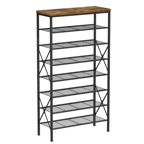 MILEFA 8-tier tall shoe rack front view showing spacious storage for 32 pairs
