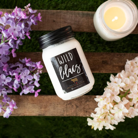 Milkhouse Candle Company Wild Lilacs home decor shot suggests cozy ambiance