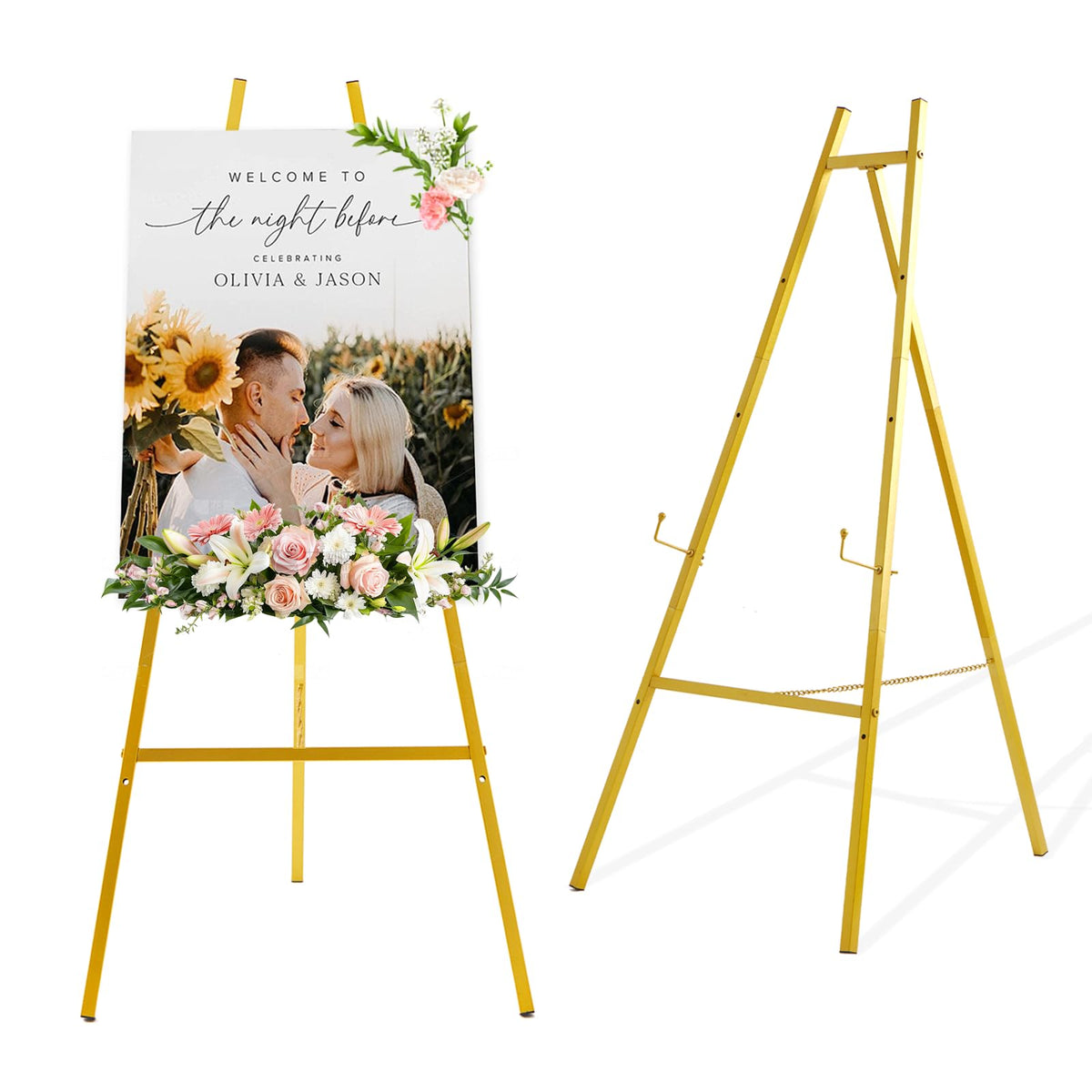Milostelom 43.5-inch gold easel stand displaying a wedding sign with sturdy support