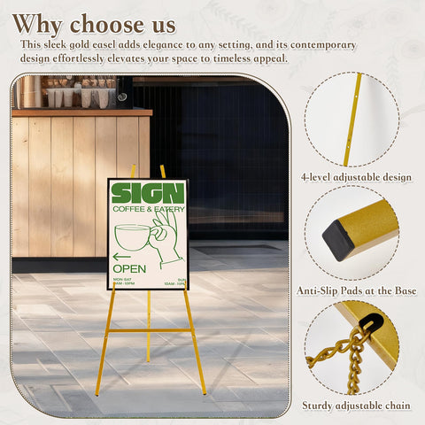 Milostelom gold easel highlighting 4-height adjustment and tilt control