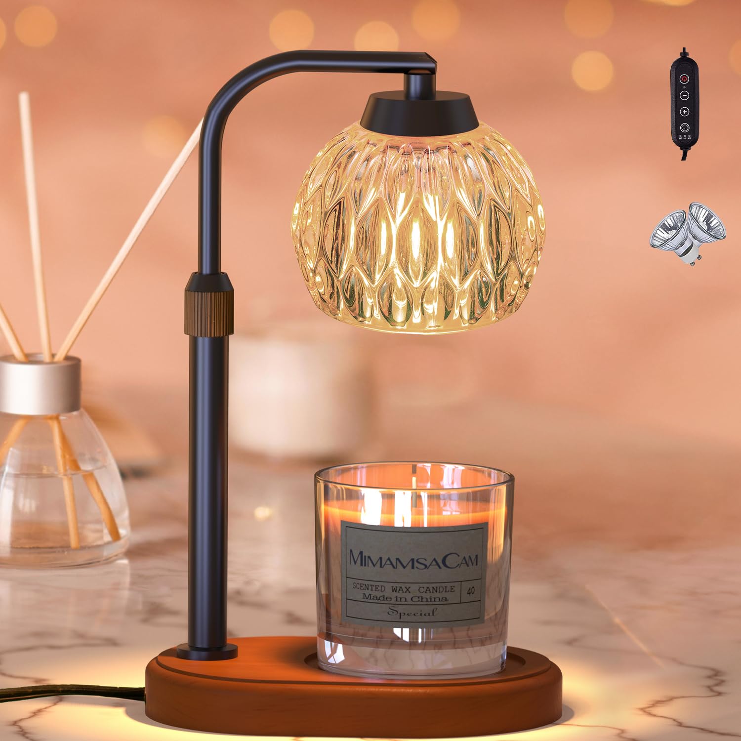 MimamsaCam Candle Warmer Lamp base wood with glass shade enhances decor and safe fragrance diffusion.