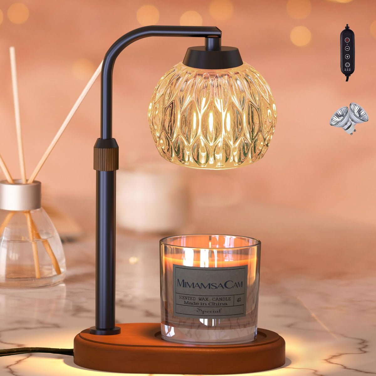 MimamsaCam Candle Warmer Lamp base wood with glass shade enhances decor and safe fragrance diffusion.