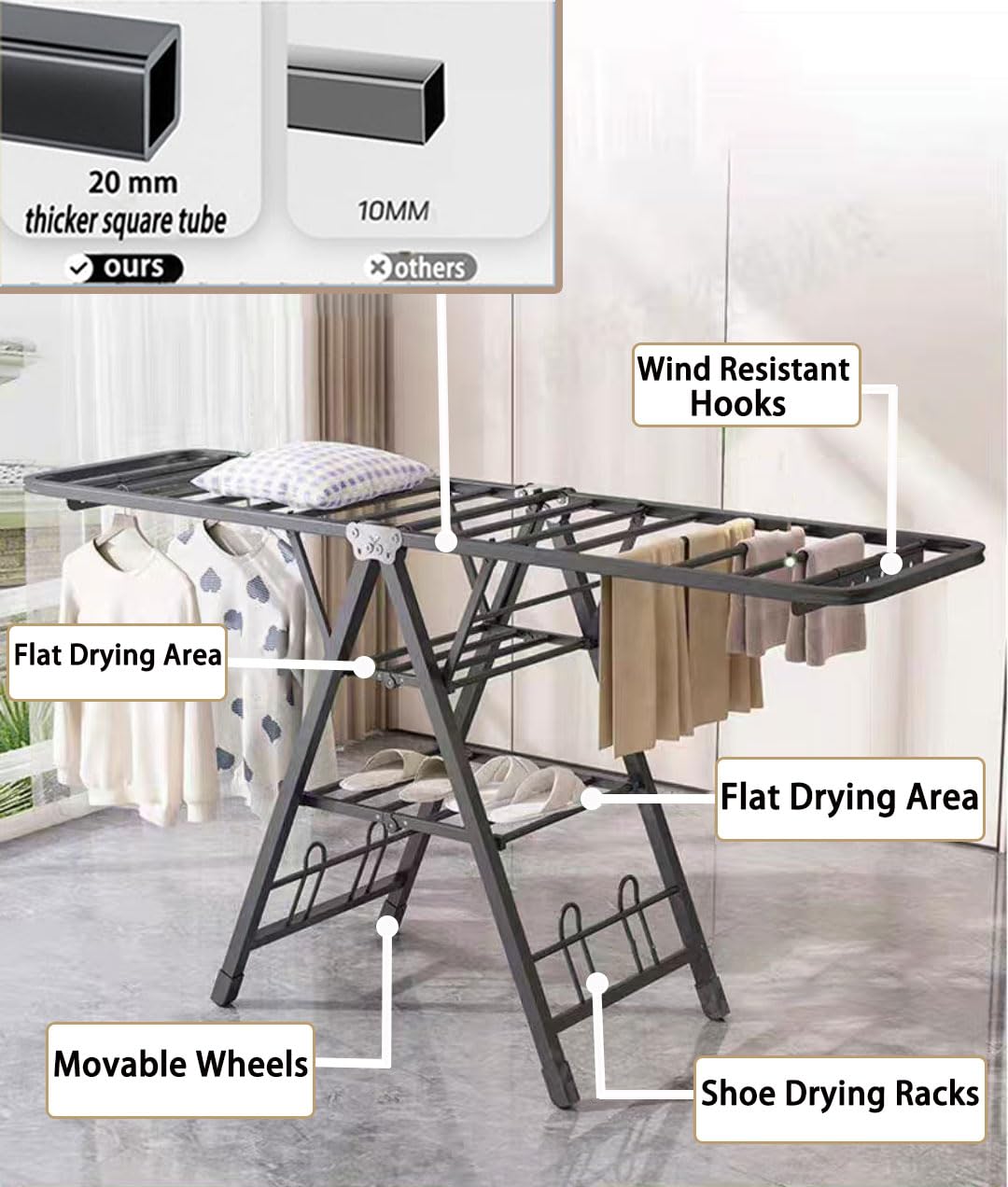 Mimiblack heavy-duty triangular frame supports large laundry loads.