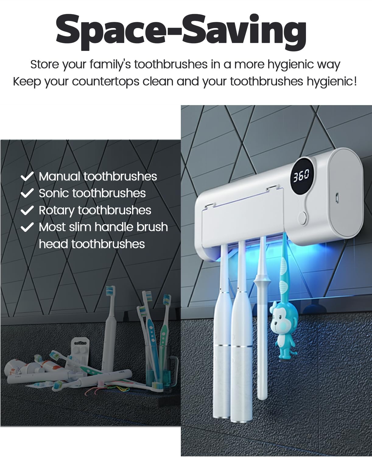 MIMORE toothbrush holder adhesive-strips installation on smooth surface.