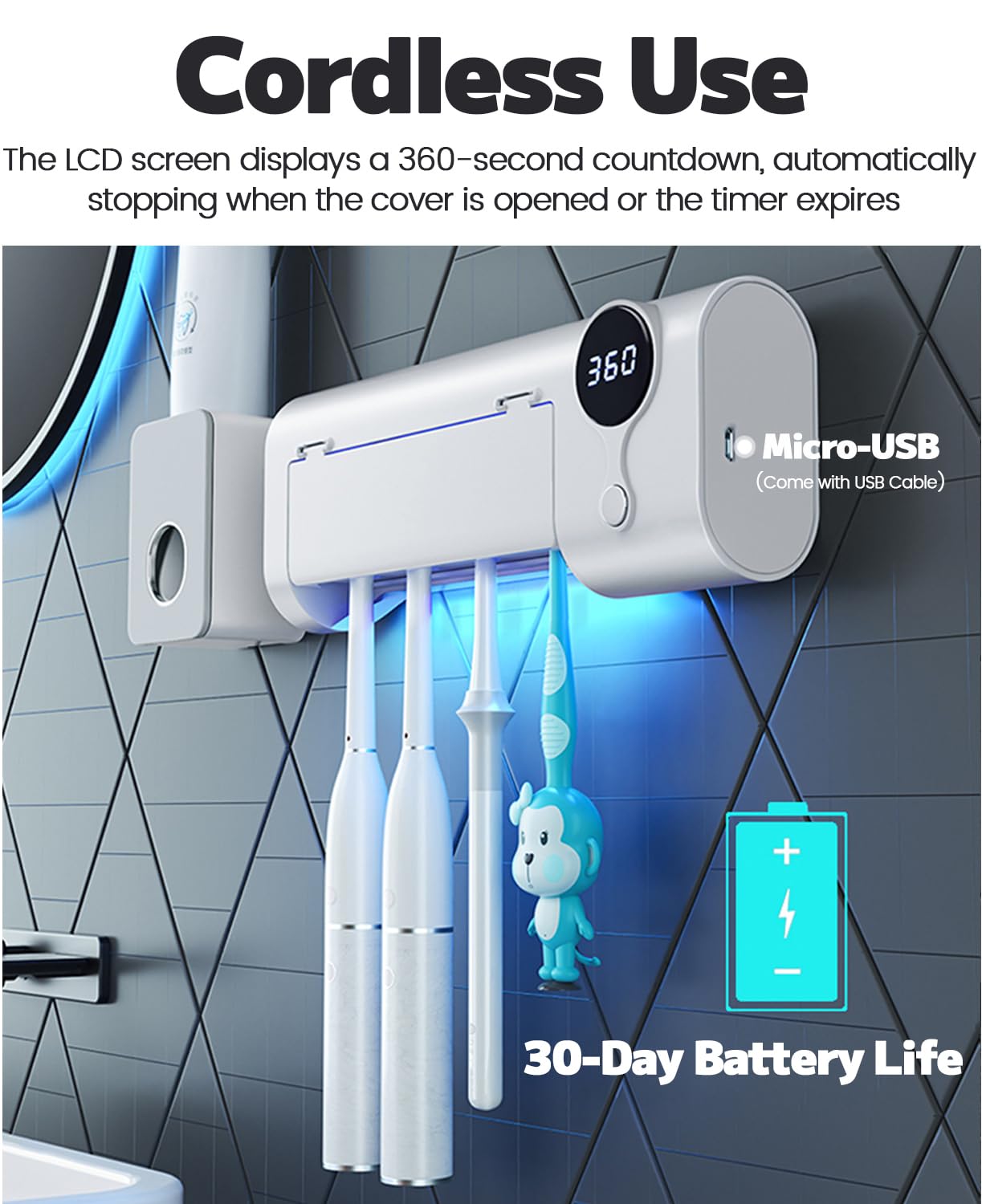 MIMORE wall-mount saves counter space and keeps brushes organized.