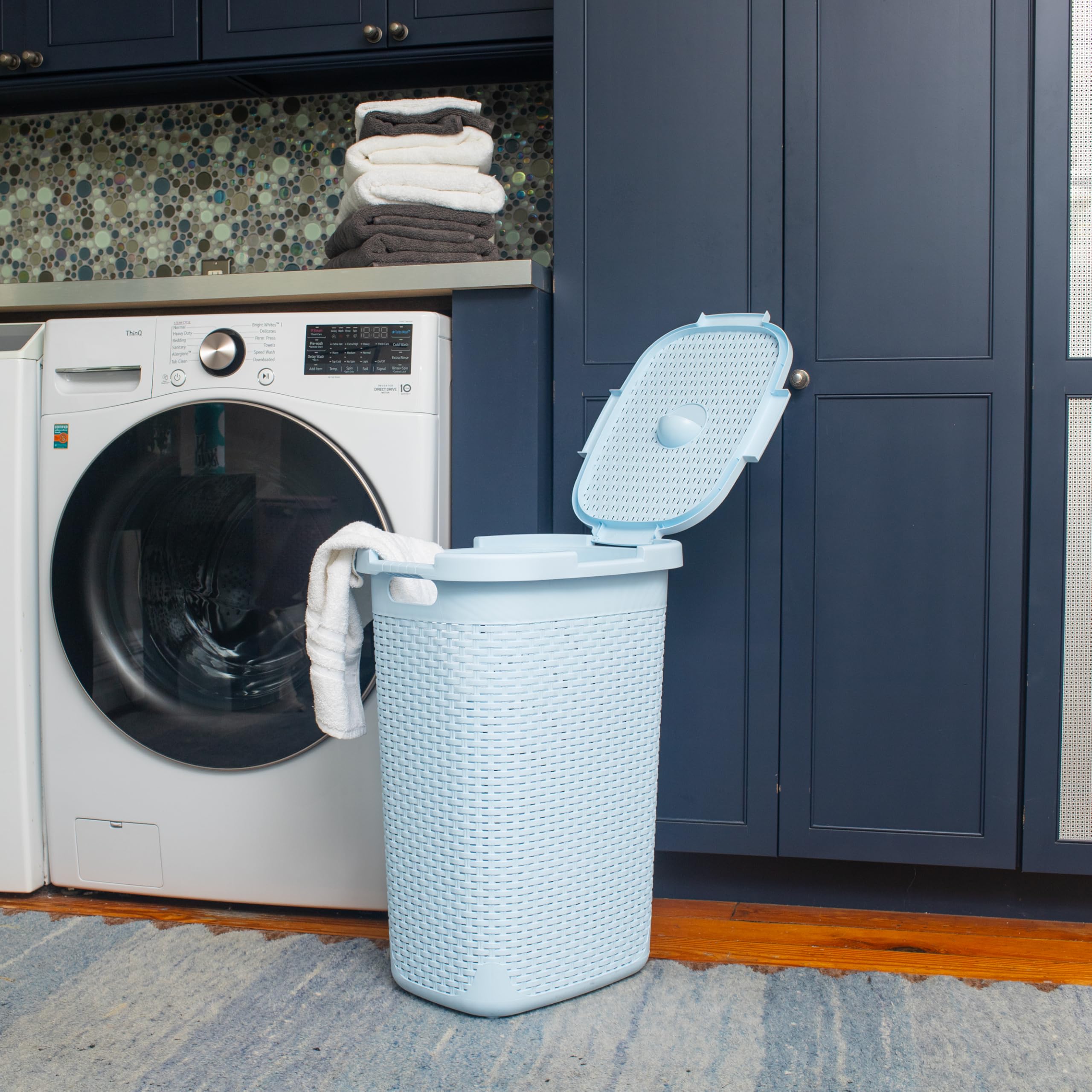 Mind Reader 60L narrow hamper, tall vertical design for bathrooms and closets.