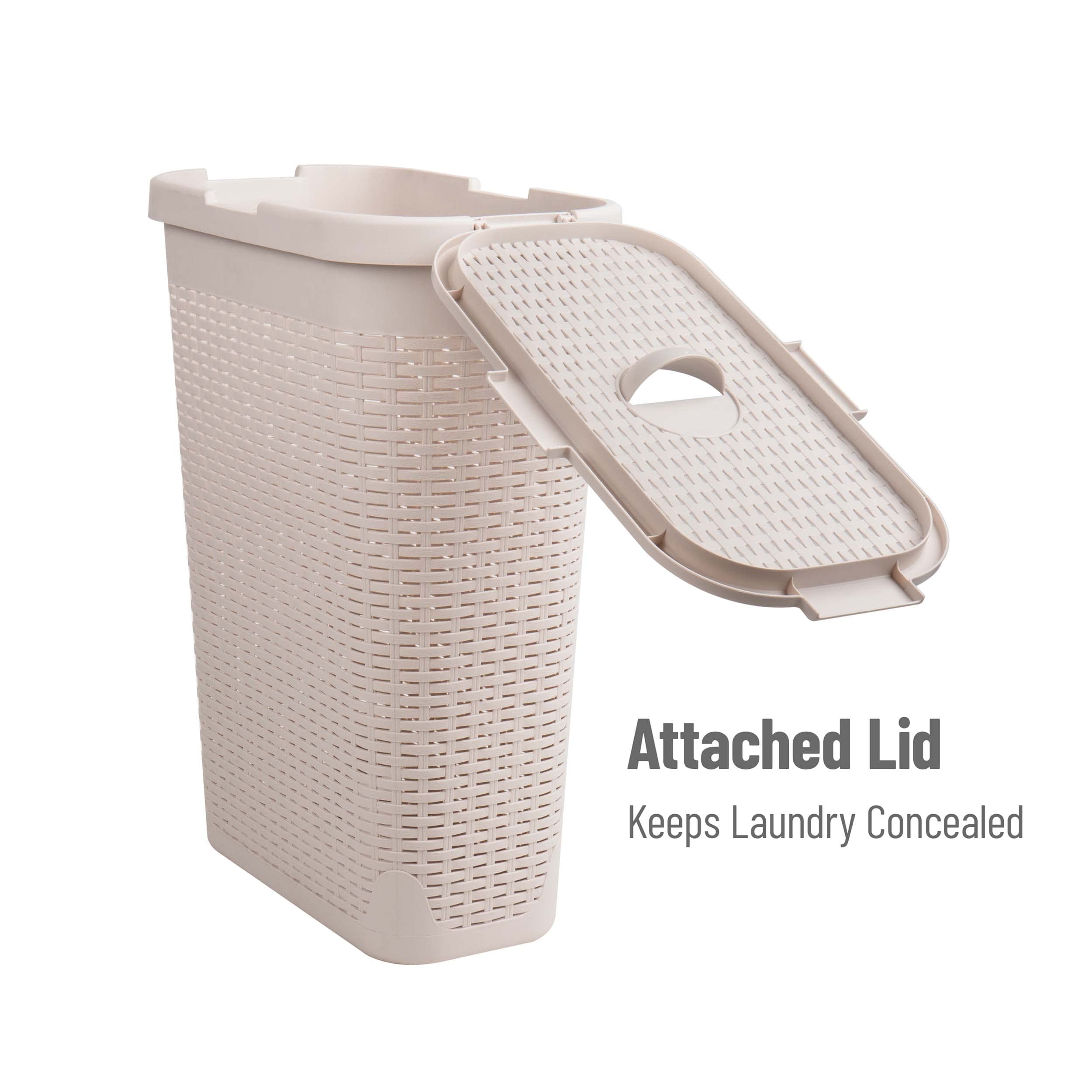 Mind Reader Hamper handles close-up, built-in grips for easy repositioning.