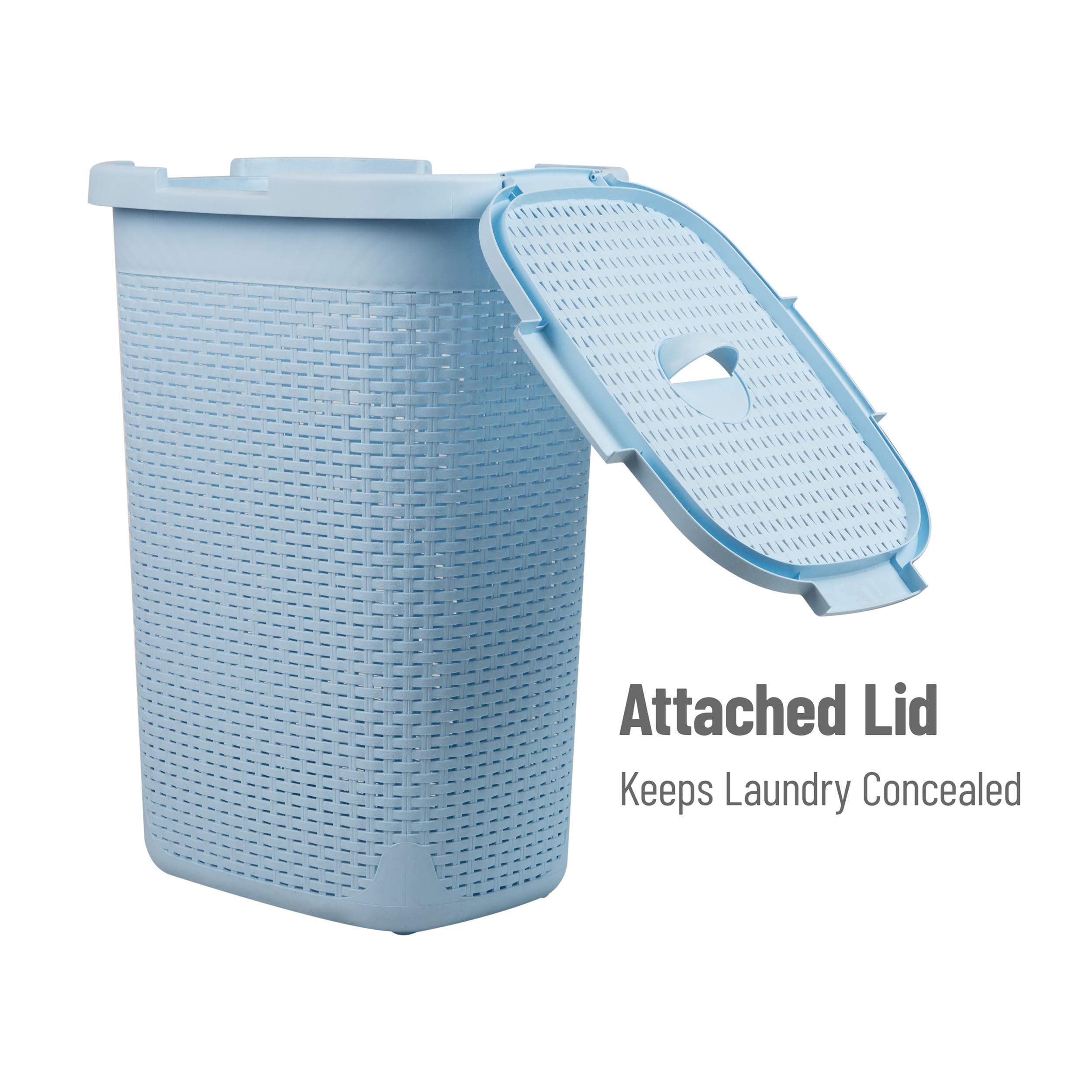 Mind Reader hinged lid keeps laundry concealed between loads.