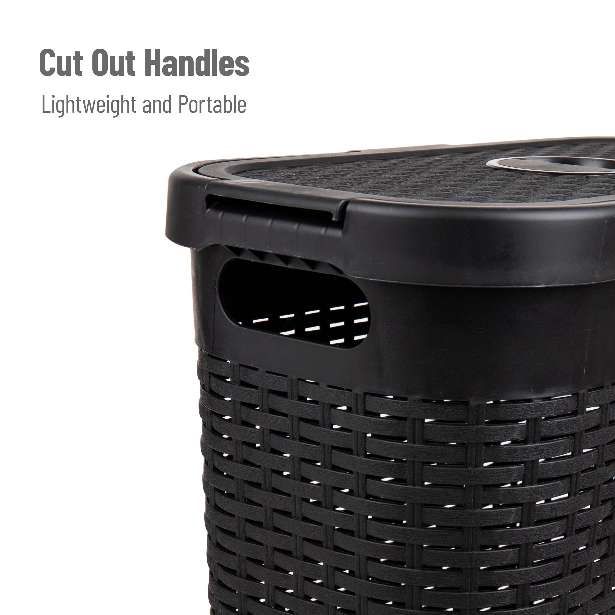 Mind Reader lid conceals laundry and reduces visible clutter in small spaces.
