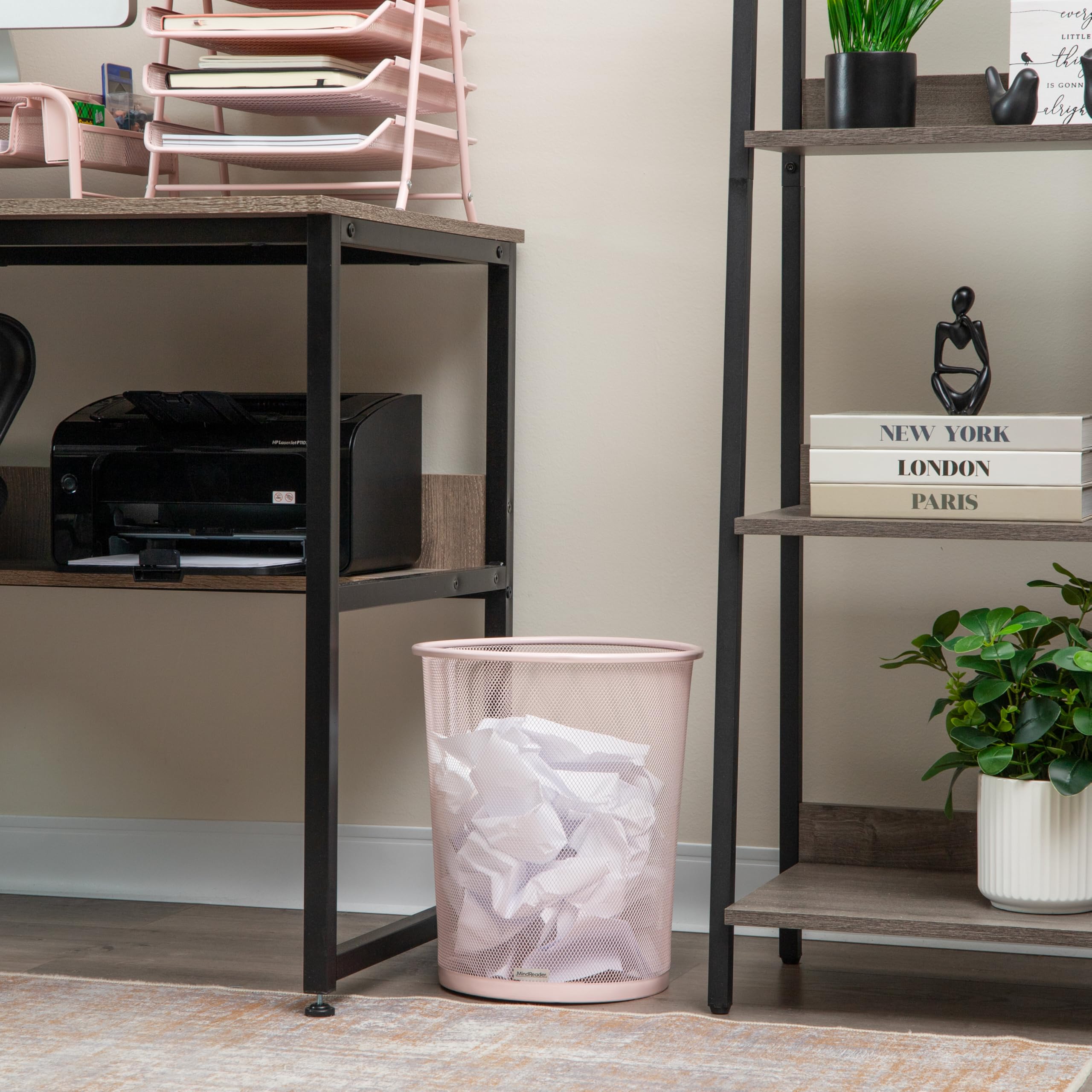 Mind Reader pink mesh trash can rim detail highlighting polished finish