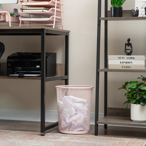 Mind Reader pink mesh trash can rim detail highlighting polished finish