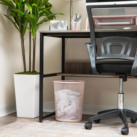 Mind Reader pink mesh trash can in a modern room setup, keeps waste tidy and accessible