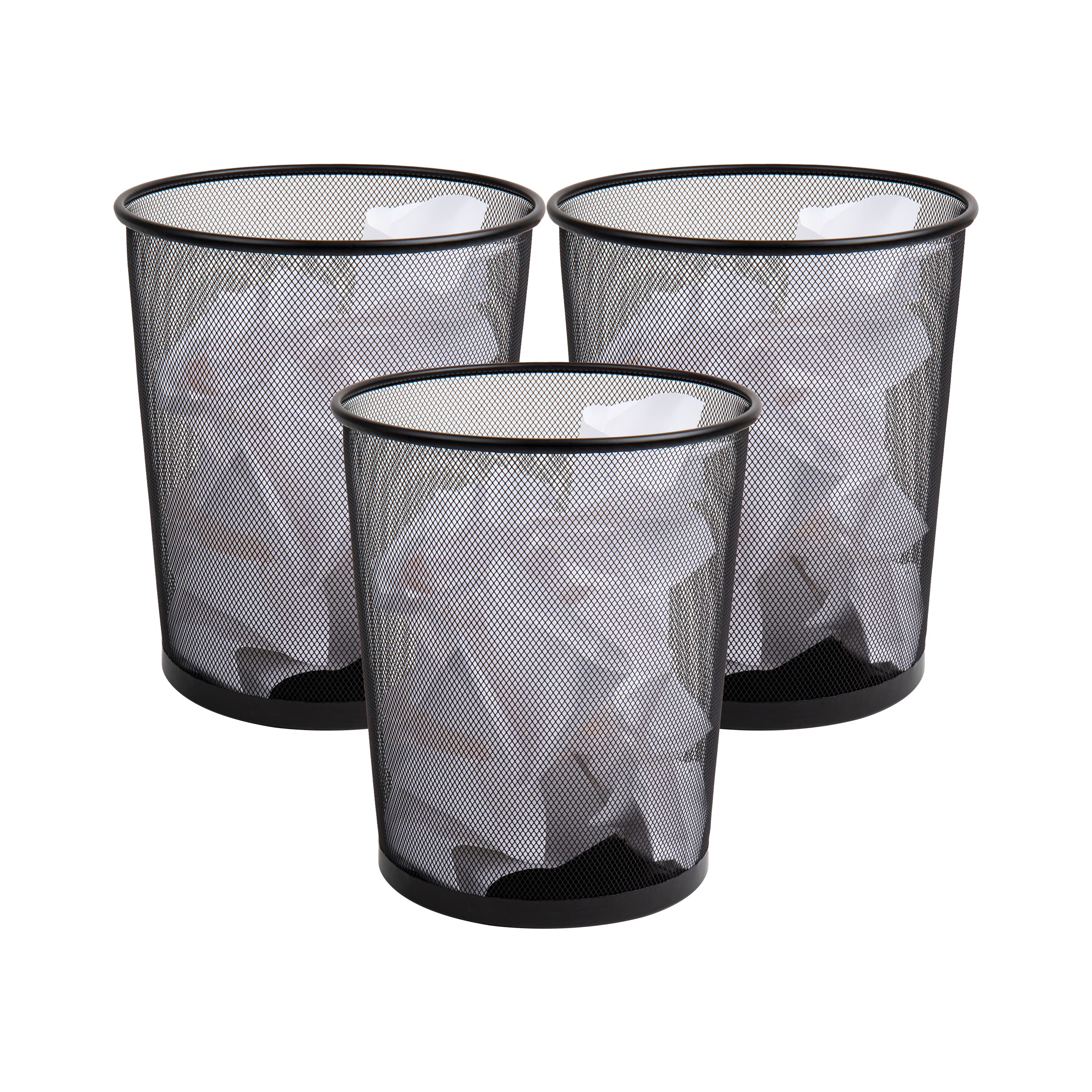 Mind Reader mesh trash can set of 3, front view; compact trio for organized office spaces.