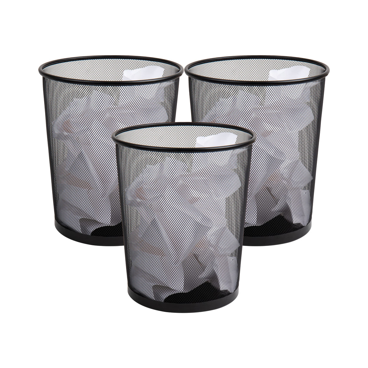 Mind Reader mesh trash can set of 3, front view; compact trio for organized office spaces.