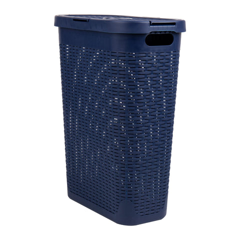 Mind Reader navy laundry hamper fits bathrooms, closets, and small spaces.