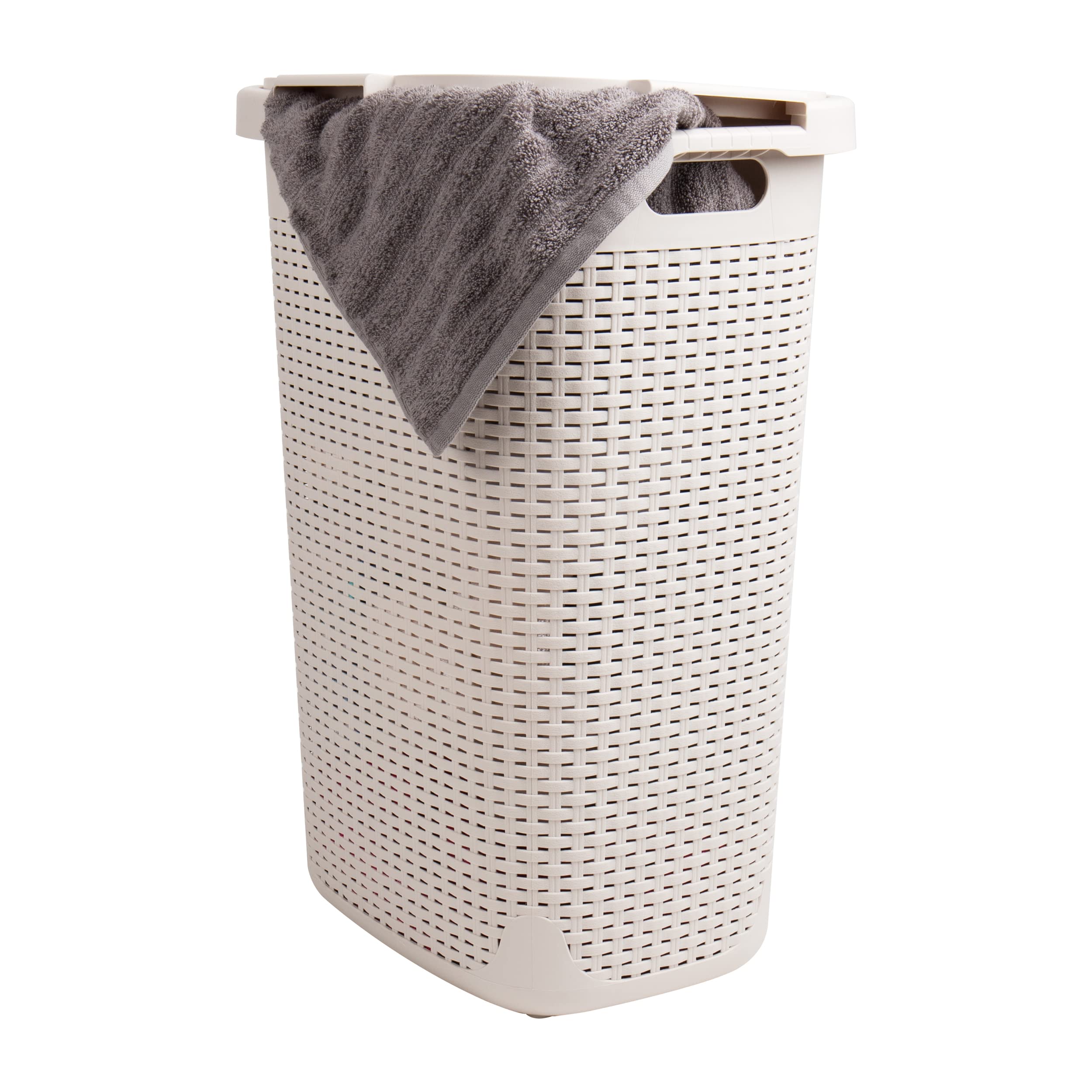 Mind Reader Slim Laundry Hamper with Lid shows 60L capacity for towels and clothes