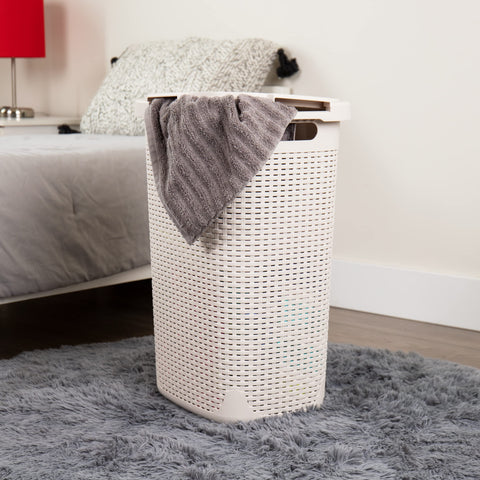Mind Reader slim-hamper-tapered-top highlights wider opening for sorting laundry