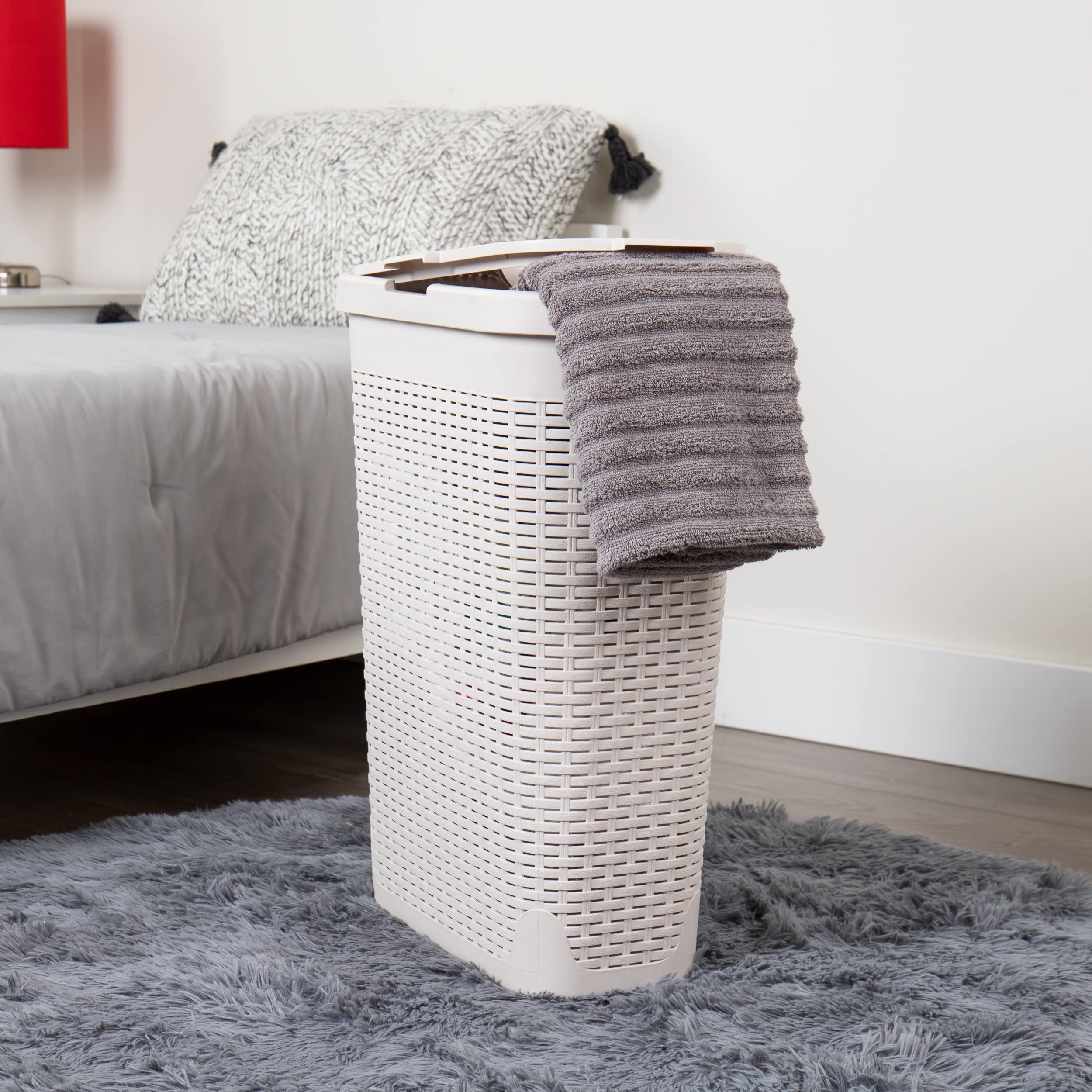 Mind Reader Slim Laundry Hampers, side angle highlights tapered base for space saving.