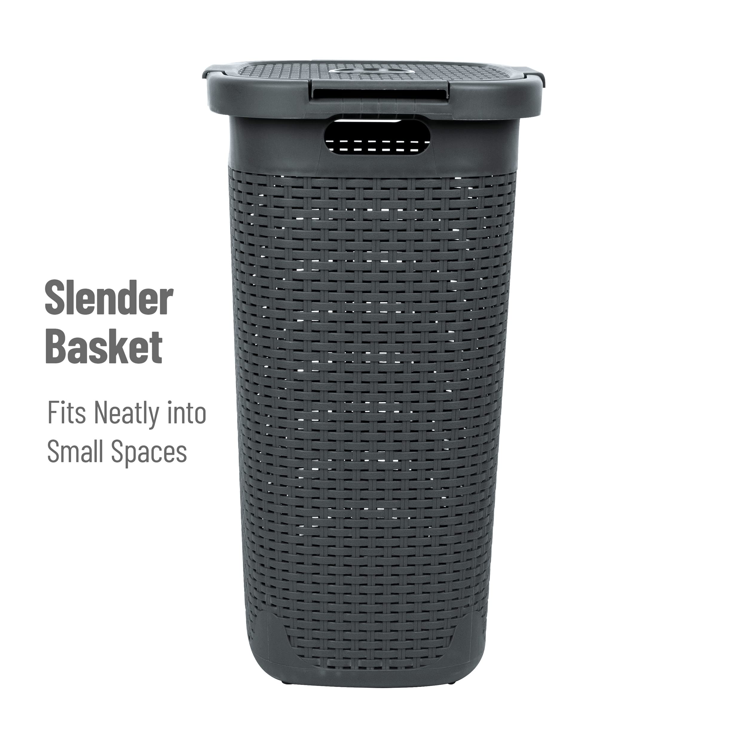 Mind Reader tall 60L basket designed for bedrooms, bathrooms, and laundry areas.