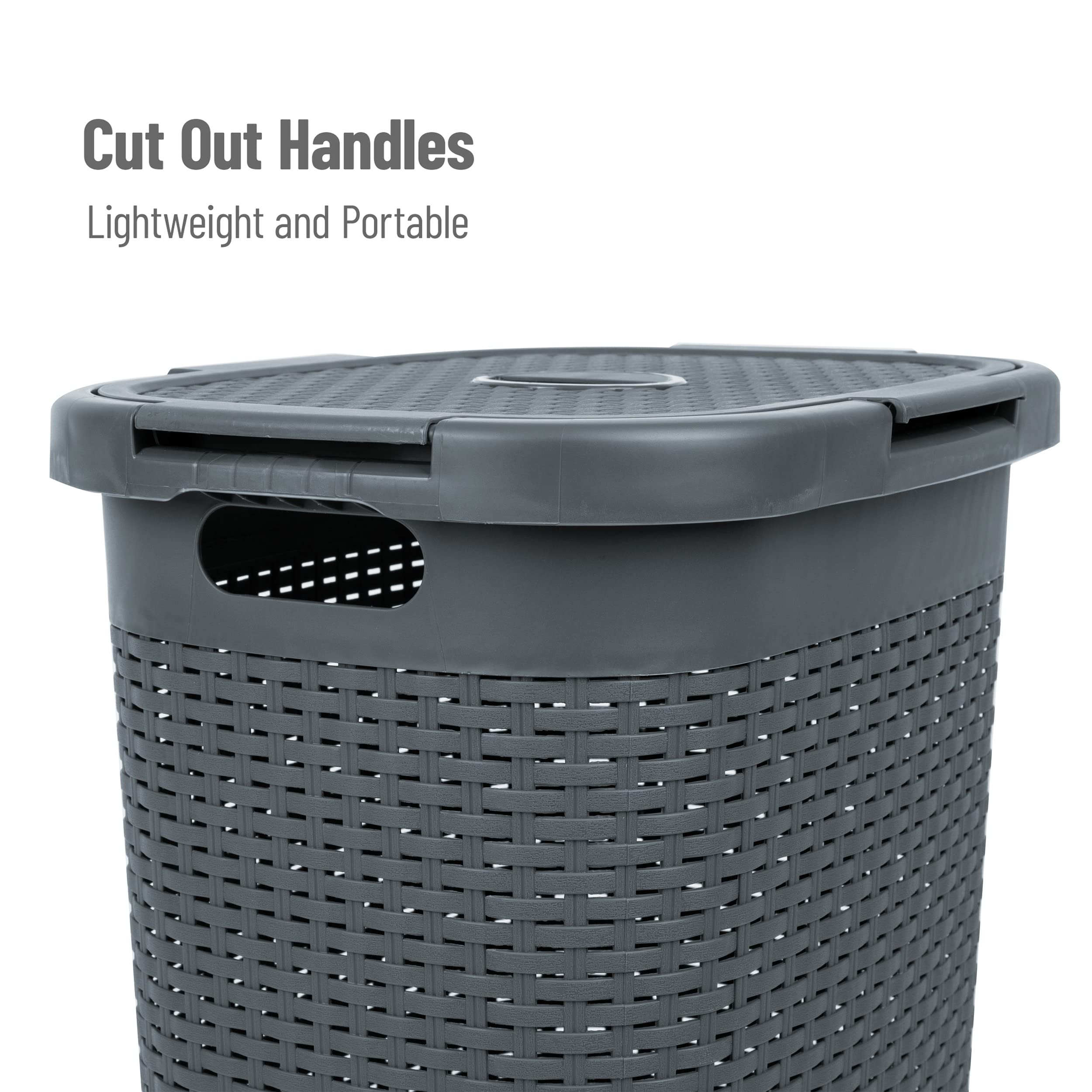 Mind Reader open-cut wicker pattern with lid promotes airflow and discreet laundry storage.
