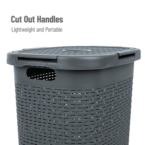 Mind Reader open-cut wicker pattern with lid promotes airflow and discreet laundry storage.
