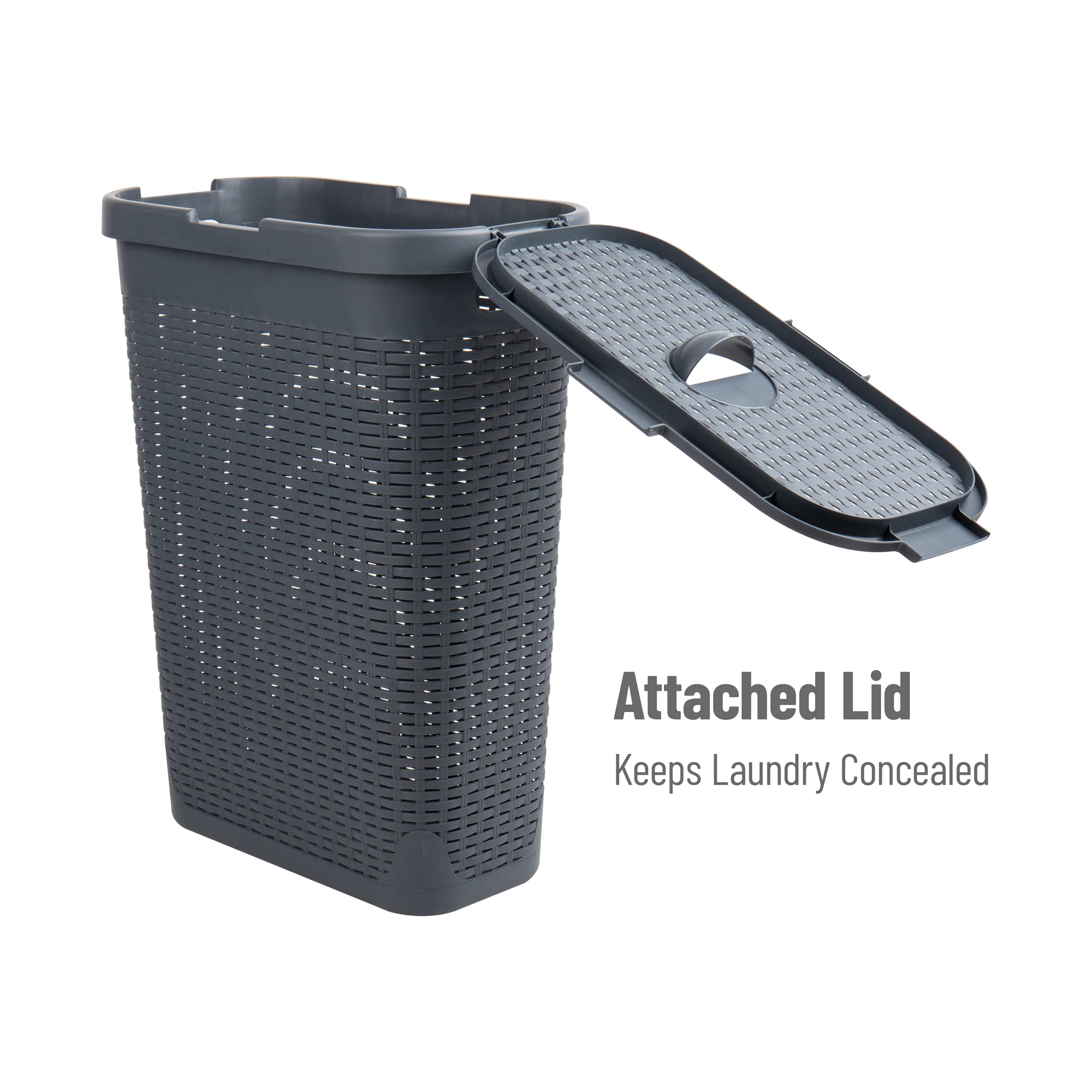 Mind Reader Slim Laundry Hamper with hinged lid keeps laundry neatly out of sight.
