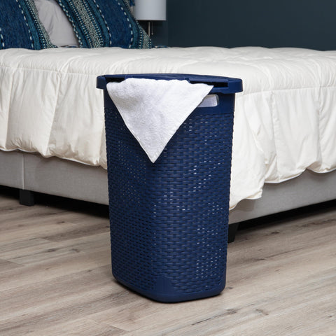Mind Reader slim laundry hamper with lid on for discreet storage and odor control.
